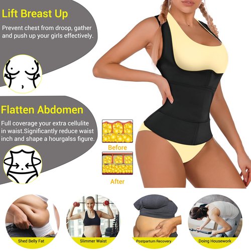 TrainingGirl Women Sweat Vest Waist Trainer Trimmer Belt Weight Loss Hot Sauna Suit Zipper Workout Tank Tops Slim Body Shaper (Black, Small)