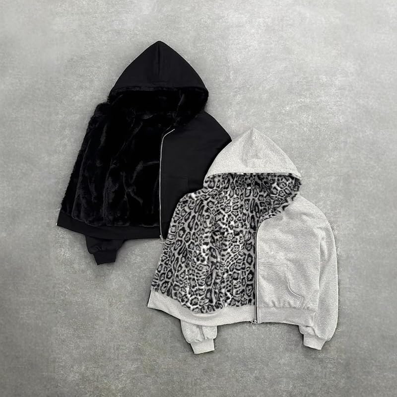 Leopard Print Reversible Hoodie Jacket - Grey Medium, CUTEGAL