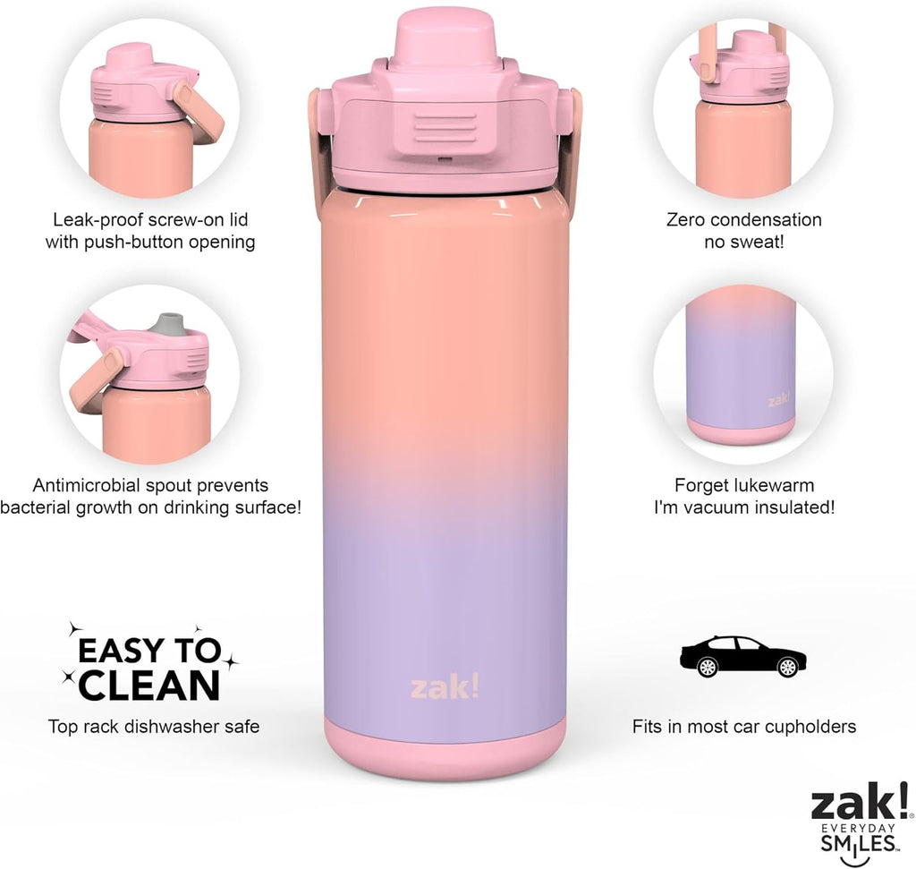 Zak Designs Beacon Insulated Bottle, Ombre Lavender - 20 oz - Durable Stainless Steel - Double-Wall Vacuum Insulation, Silicone Spout & Push-Button, Leak-Proof Lid - Dishwasher Safe