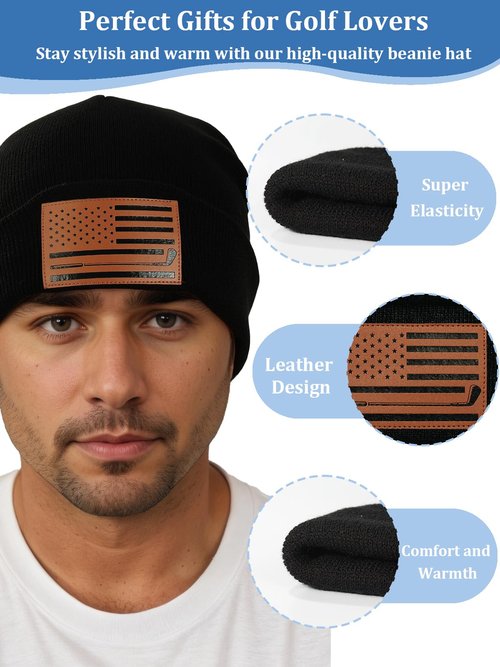 Golf Gifts for Dad Men American Flag Leather Golfer Lovers Kint Beanie Hat Gear from Son Daughter Christmas Stocking Stuffers Birthday Retirement Gifts Funny Ideas Accessories Black