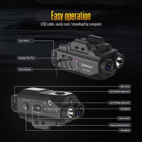 Defentac 500 Lumens Pistol Light Laser Combo with HD 1080P Camera is Compatible with Picatinny Rail, Rechargeable Tactical Flashlight and Green Laser Sight with Strobe/Momentary
