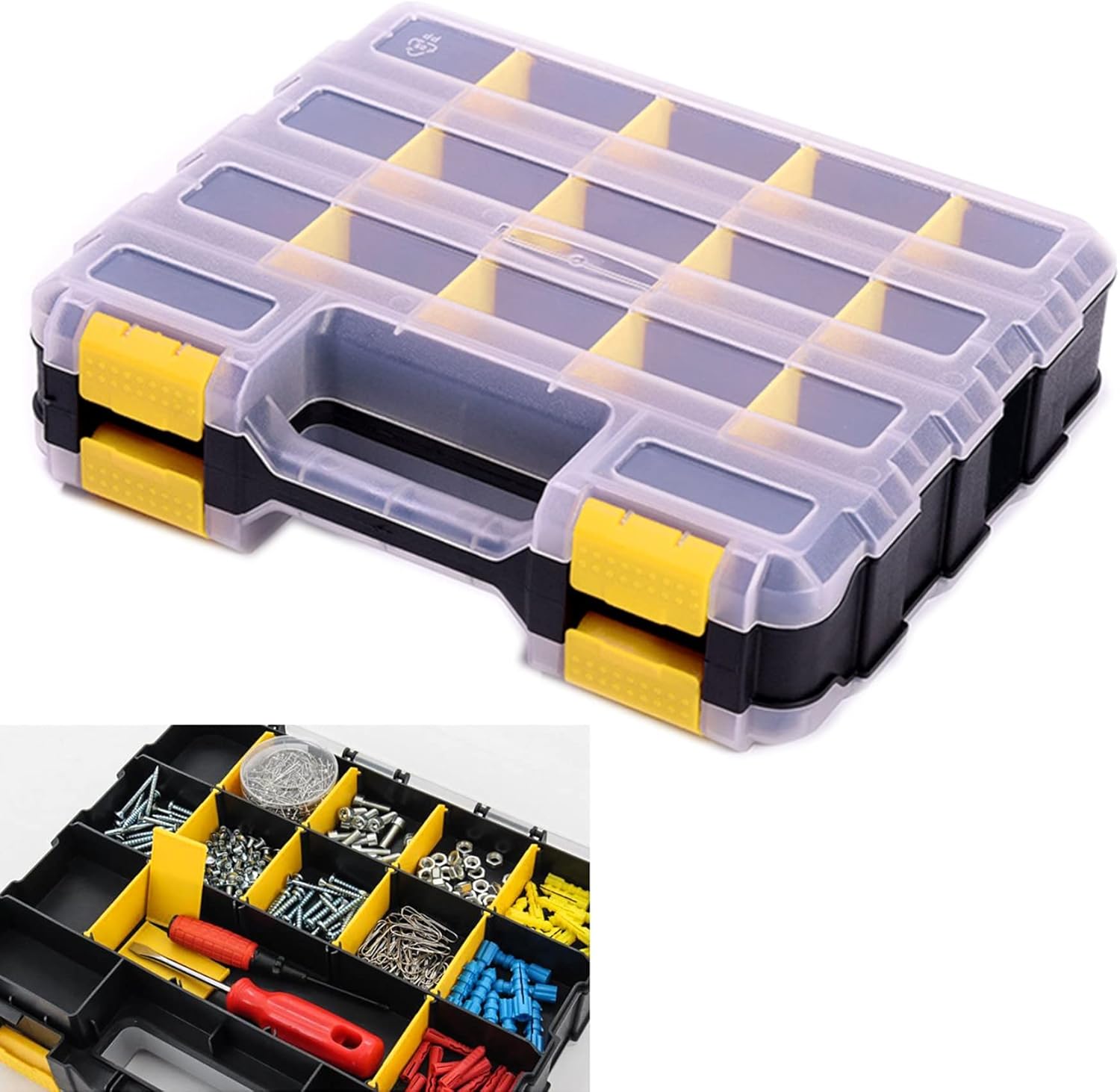 Tools Organizer Box - 34-Compartment Double-Sided Storage for Screws, Nuts & Bolts | Removable Dividers