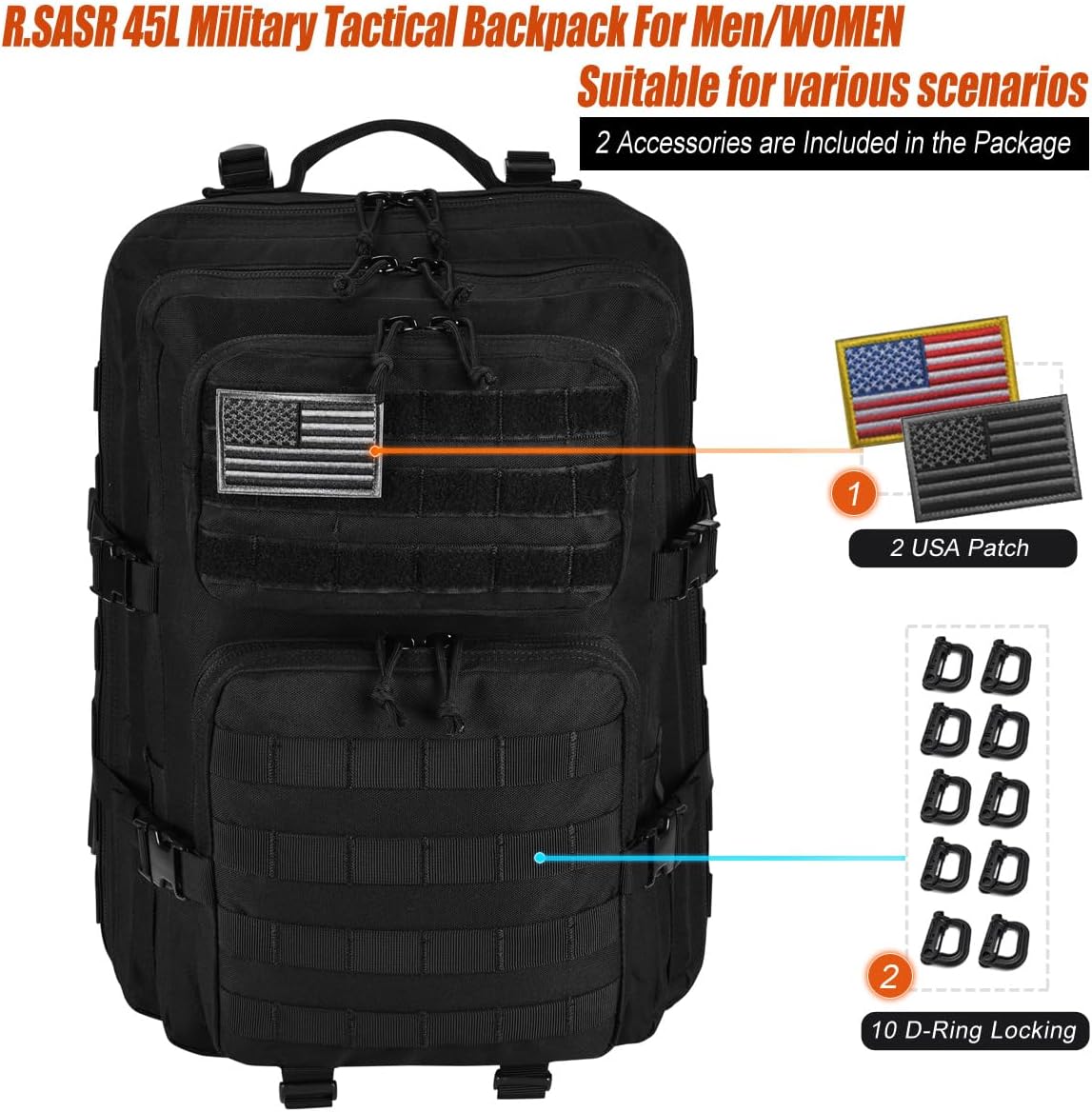Skiennix 45L Tactical Backpack - Military Assault Pack with MOLLE | Large 3-Day Bug Out Bag for Hiking & Camping