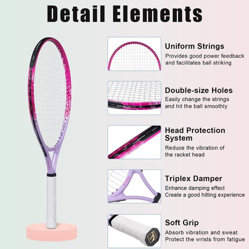 bo'weiqi 23" Kids Tennis Racket for Aged 8-10, Lightweight Youth Tennis Racket for Outdoor/Indoor Sports Including 1 Tennis Racket,1 Replacement Grip and 1 Shoulder Strap Bag Easy Carry(Pink)