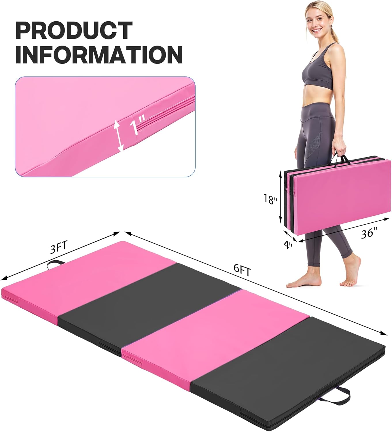 Skiennix Gymnastics Mat - Portable 4-Fold Thick Yoga Mat with PU Leather & Carry Handle - 6'x3'x2''