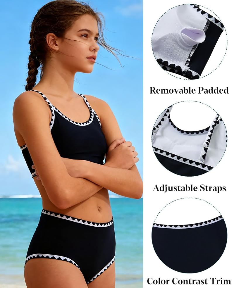 Girls 2-Piece Bikini Swimsuit Set with Removable Pads - Adjustable Straps, High-WWaisted Bottom, Black 13-14Y