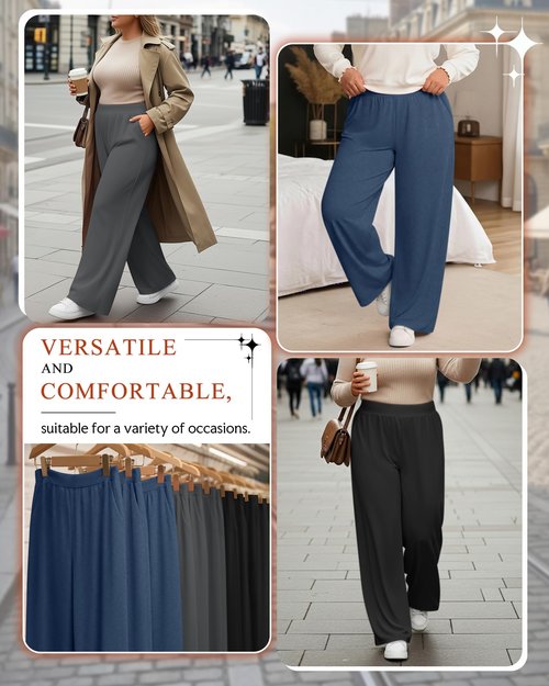Velvelhall 3 Pack Women's Plus Size Fleece Sweatpants Wide Leg Thermal Lounge Pants Pockets Elastic Waist Warm Trouser Jogger(Black, Dark Gray, Dark Blue,3X-Large)