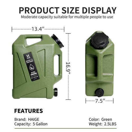 HAIGE 5 Gallon Water Jug with Spigot, BPA-Free Portable Water Container for Camping Picnic Hiking Emergency Water Storage, Green 5 Gal Water Tank with Handle & Lid