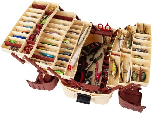 Flambeau Outdoors 2059 Fishing Tackle Box - Large All-Weather 7-Tray Organizer with 61 Compartments, Beige/Terracotta Brown