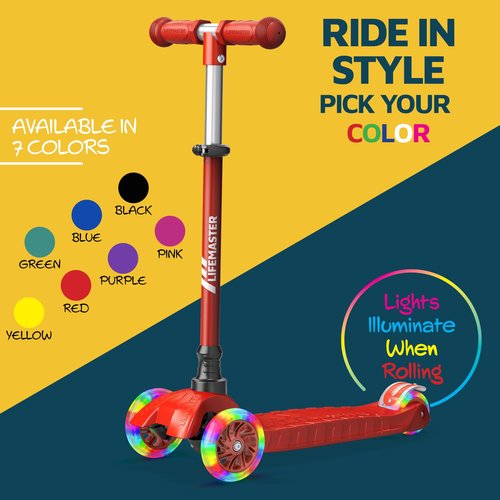 Lifemaster Kids Scooter – Children and Toddler 3 Wheel Kick Scooter – LED Wheel Lights Illuminate When Rolling– Adjustable Handlebar – Indoor and Outdoor Red