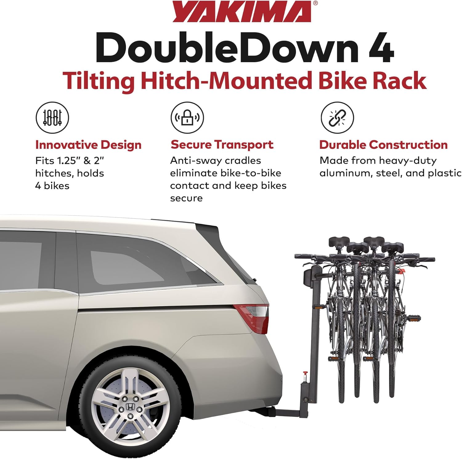 YAKIMA DoubleDown 4 Bike Rack - Tilting Hitch-Mounted Design for Cars, SUVs & Trucks | Fits 1.25” & 2” Hitches