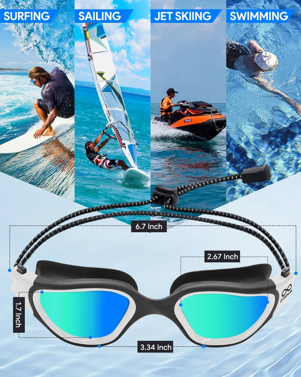 Polarized Swim Goggles by [Brand Name] - Anti-Fog, No Hair Pulling Bungee Strap for Adults