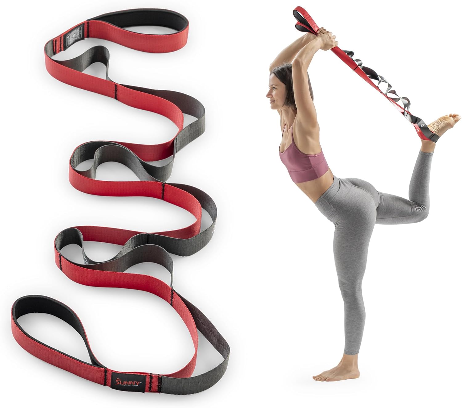Sunny Health & Fitness Yoga Stretch Strap - 75" Durable Polyester with 8 Grip Loops for Flexibility & Therapy