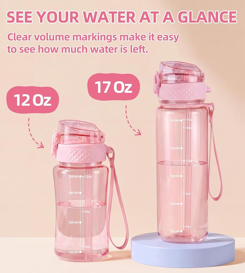 OLDLEY Kids Water Bottle with Straw 12oz Cherry Blossom - Tritan BPA-Free, Time Marker