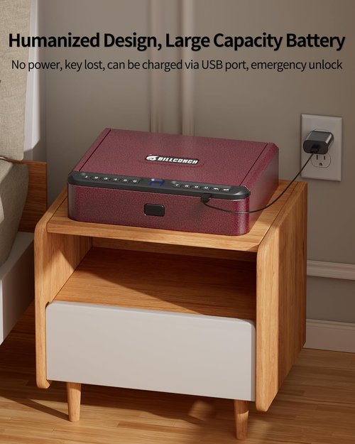 BILLCONCH Biometric Gun Safe - Quick Access Pistol Safe with Fingerprint, Keypad & APP Lock | Burgundy Red