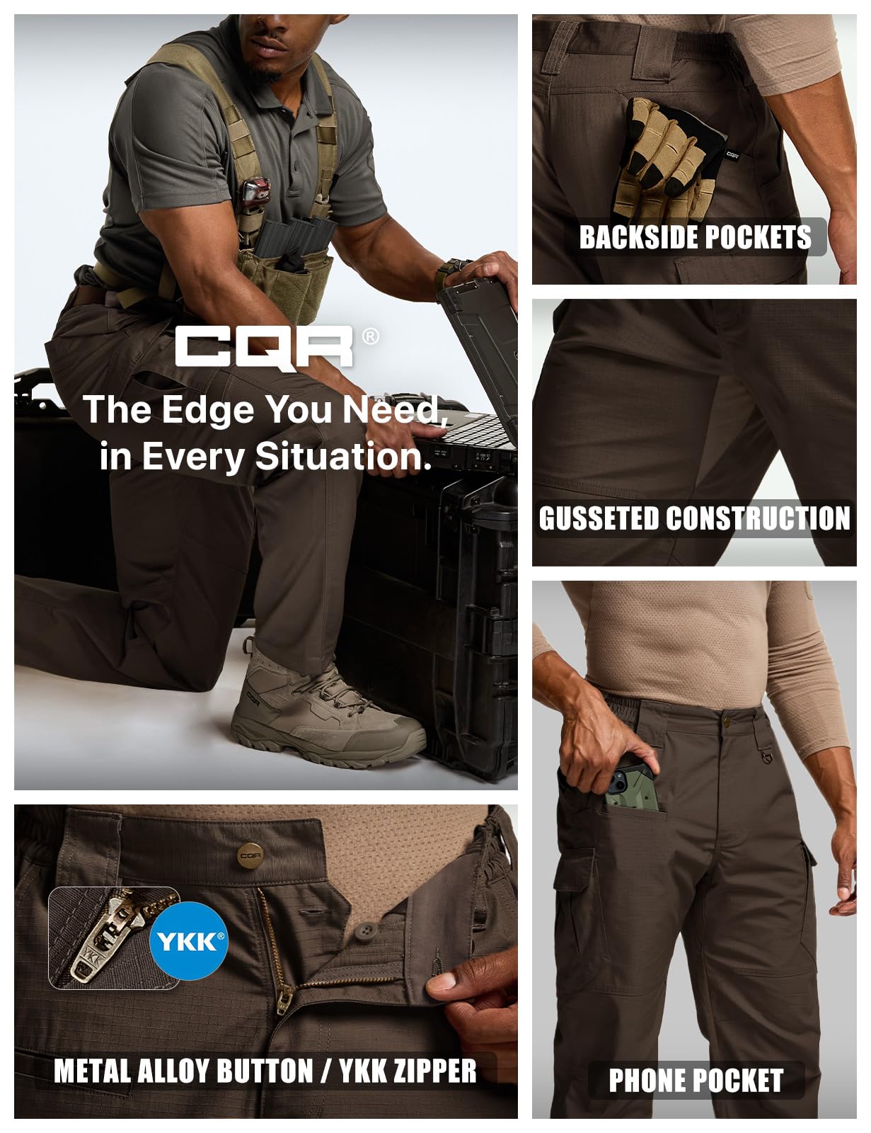 CQR Men's Tactical Pants, Water Resistant Ripstop Cargo Pants, Lightweight EDC Work Hiking Pants, Outdoor Apparel, Raider Mag Pocket Dark Brown, 30W x 32L