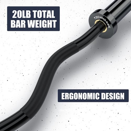 TECHNOAGE Olympic EZ Curl Bar, 47" EZ Barbell for Biceps & Triceps Workout, 20LB Solid Steel Curl Bar with Smooth Bearing Sleeves for 2-Inch Weight Plates,500LB Capacity Weight Lifting Bar for Home Gym Strength Training, Black