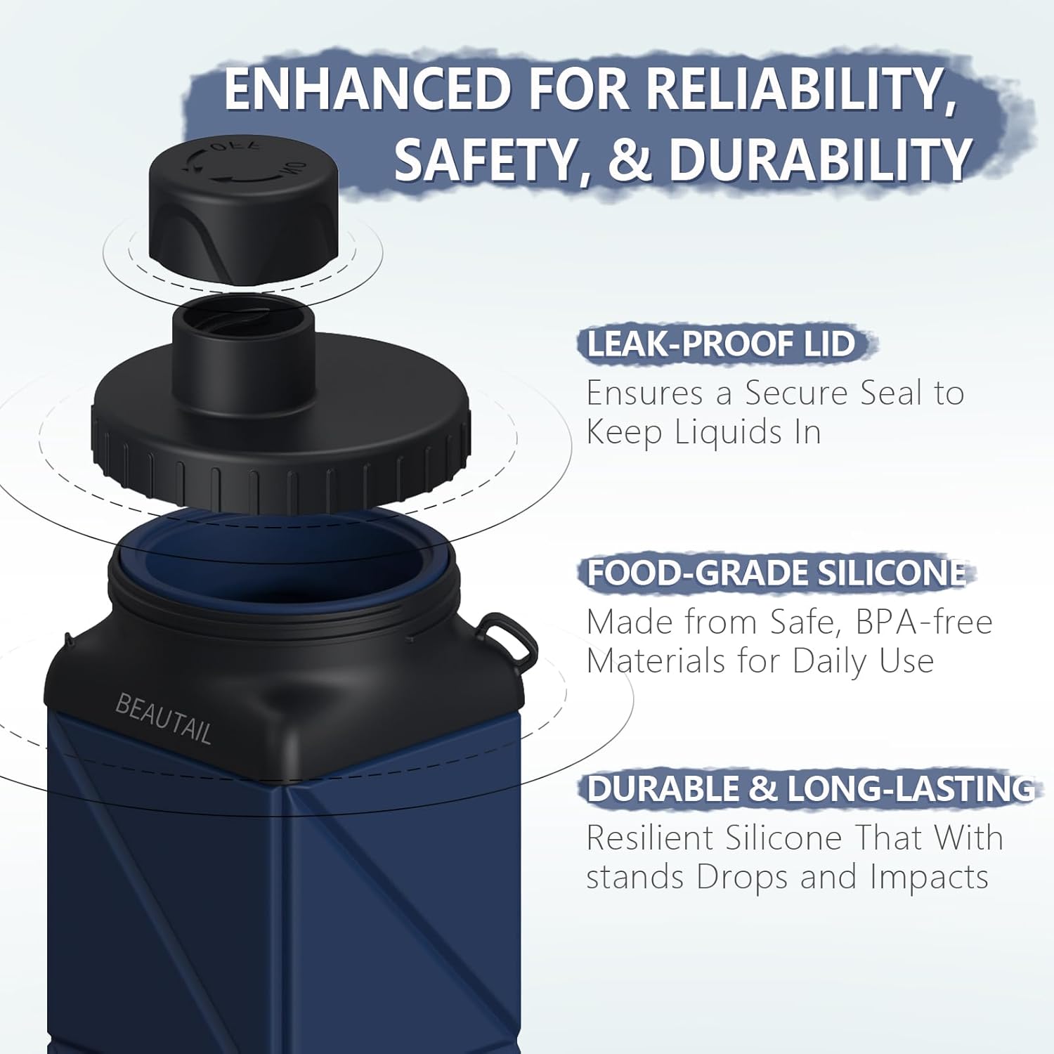 Skiennix Collapsible Water Bottle - BPA-Free Silicone, 610ml Leakproof Design for Travel & Sports | Dark Blue