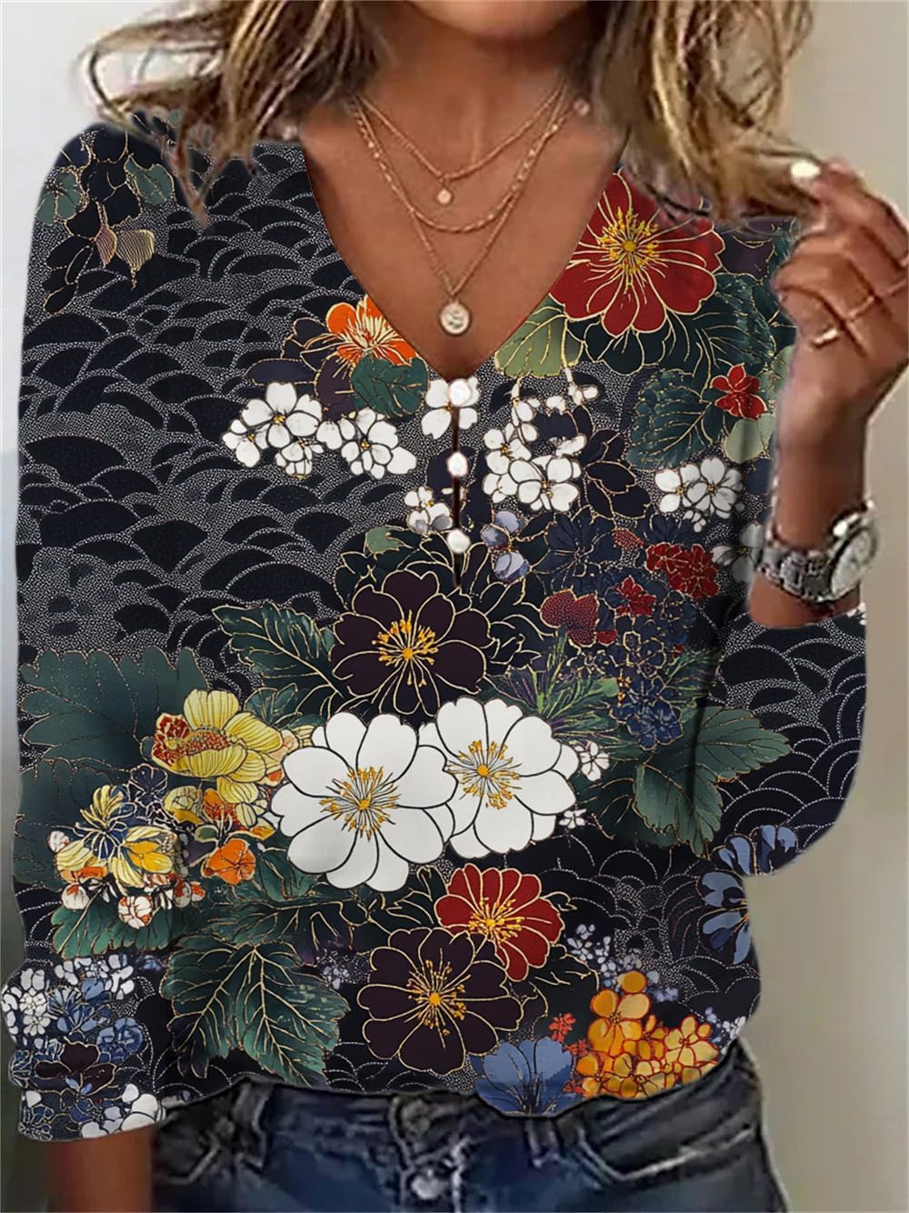 ZOCANIA Bohemian Floral Button-Up Tops for Women | Long Sleeve V-Neck Casual Blouses in Plus Size