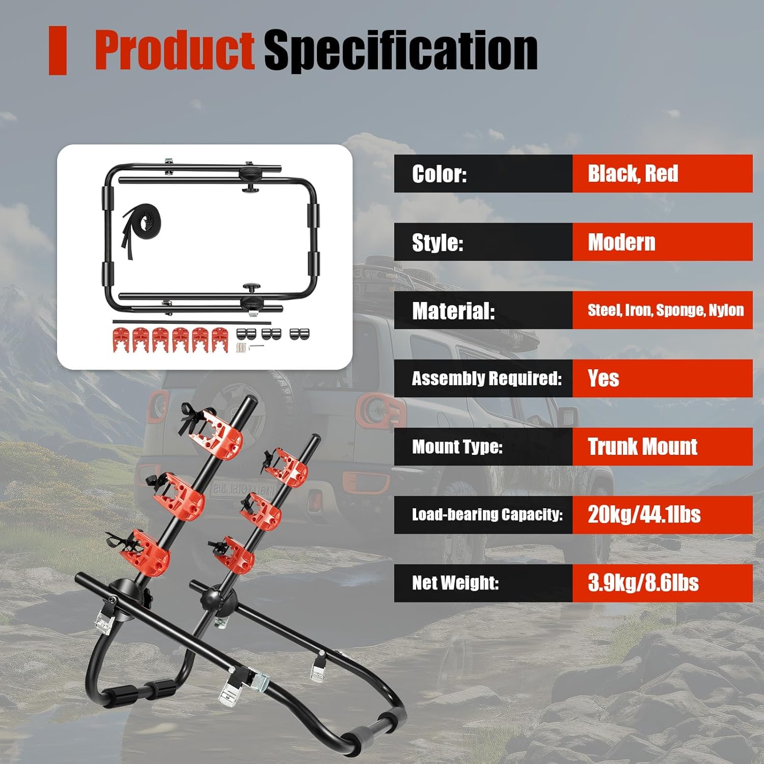YIYIBYUS 3 Bike Rack Trunk Mount Rack, Foldable Vehicle Bicycle Carrier for Most Cars SUV Sedan Hatchback Minivan, w/Adjustable Straps