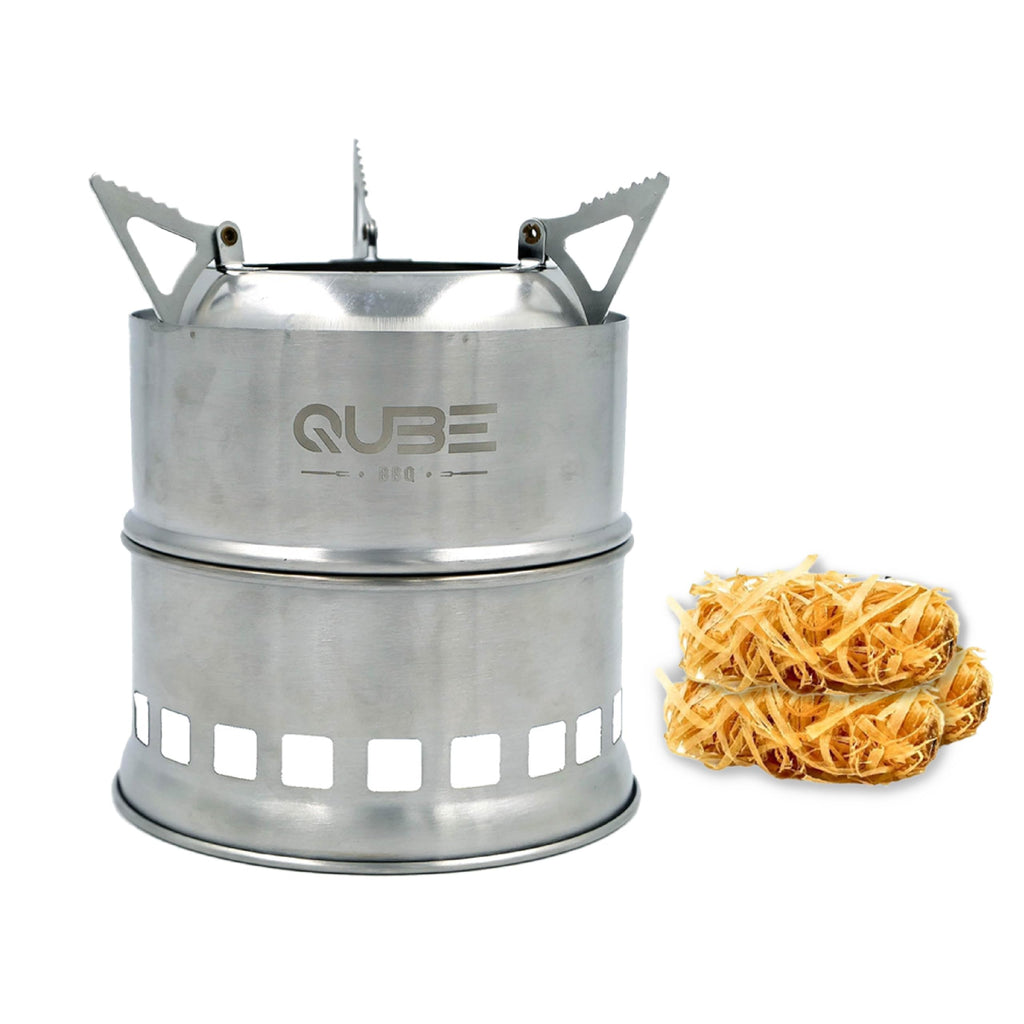 QUBE BBQ Portable Camping Stove with 3 Fire Starters – Stainless Steel Wood Burning Mini Camp Stove, Foldable with Carry Bag, for Backpacking, Hiking, Traveling, Emergency, Outdoor BBQ, and Picnic
