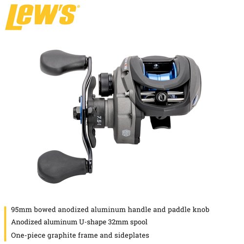 Lew’s American Hero Baitcast Fishing Reel, 4+1 Bearings, 7.5:1 Gear Ratio, One-Piece Graphite Frame, Speed Gears, Right-Hand Retrieve, Gray/Black/Blue