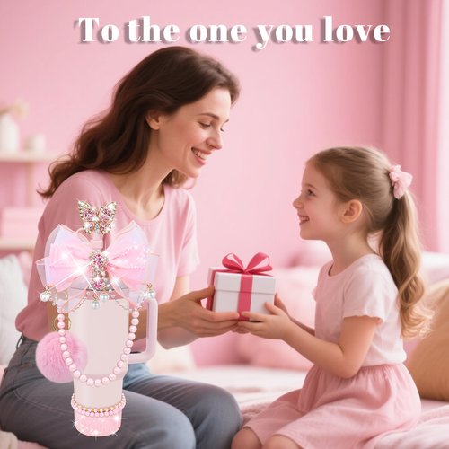 LBU Bling Stanley Cup Accessories for 40&30&20 Oz Tumbler Including Diamond Bow Straw Topper, Stanley Bracelets Charms, Butterfly Straw Cover Cap, Pearl Handle Strap, Silicone Boot, Pom-Pom (Pink)