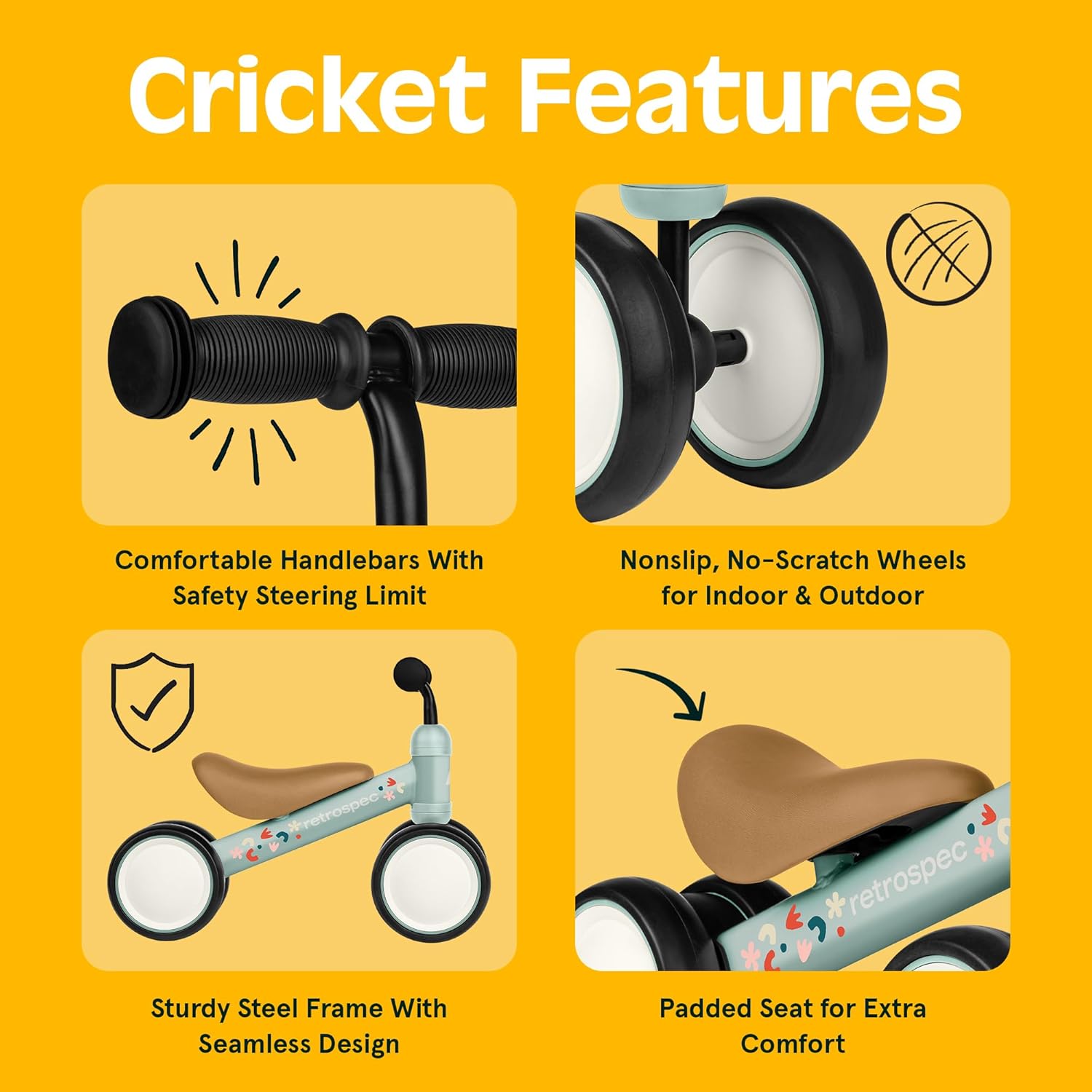 Retrospec Cricket Baby Balance Bike - 4-Wheel Ride-On Toy for Toddlers 12-24 Months | Perfect First Birthday Gift