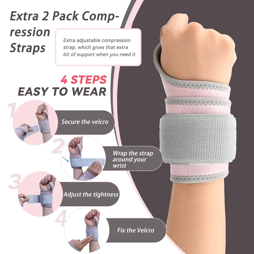Skiennix Carpal Tunnel Wrist Brace - Adjustable Support Wraps for Tendonitis & Arthritis | 2-Pack, Pink