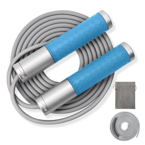BURNCALO Weighted Jump Rope for Men, Women (1.5LB) - Alloy Steel Handles, Speed Skipping Rope, Gym,Indoor/Outdoor - Fitness, Workout, Boxing - Solid PVC & Cotton Rope (SILVER-BLUE)