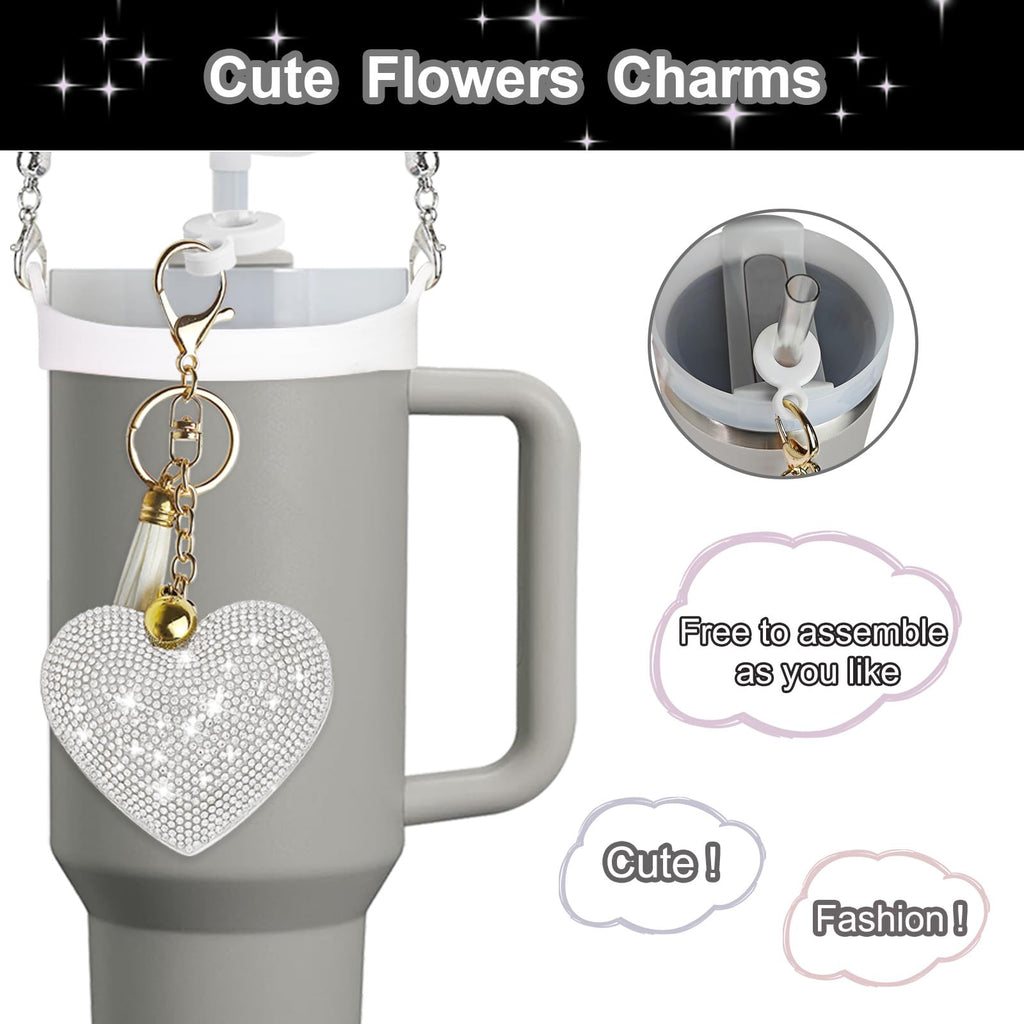 VirgoCCY 5PCS Stanley Cup Accessories Set 30&40 Oz, Includes 1 Diamond Silicone Boot, 1 Glitter Handle Strap, 1 Straw Covers,1 Straw Adapters Charm Blank with 1 Glitter Charms, Silver