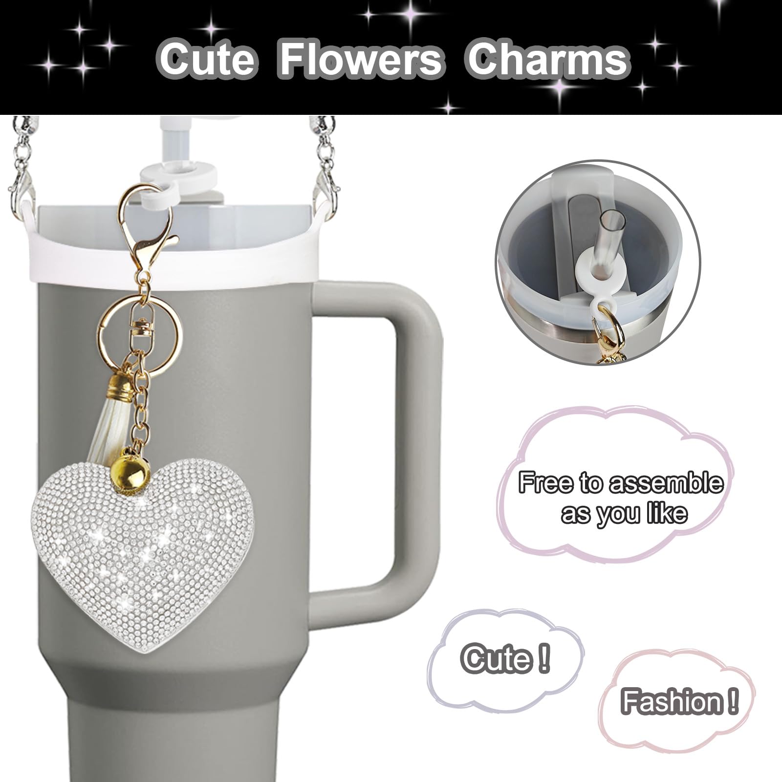 VirgoCCY 5PCS Stanley Cup Accessories Set 30&40 Oz, Includes 1 Diamond Silicone Boot, 1 Glitter Handle Strap, 1 Straw Covers,1 Straw Adapters Charm Blank with 1 Glitter Charms, Silver