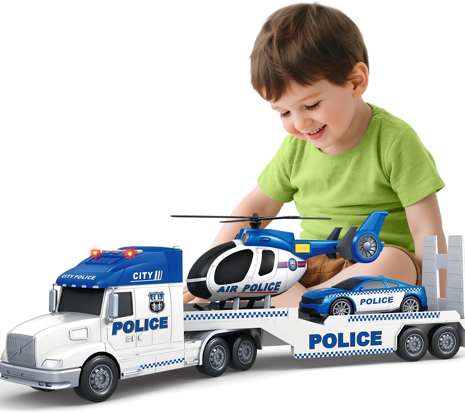 SpringFlower Police Truck Toy - Extra Large 3-in-1 Set with Racing Car & Helicopter | Perfect Birthday Gift for Toddlers Ages 3-6