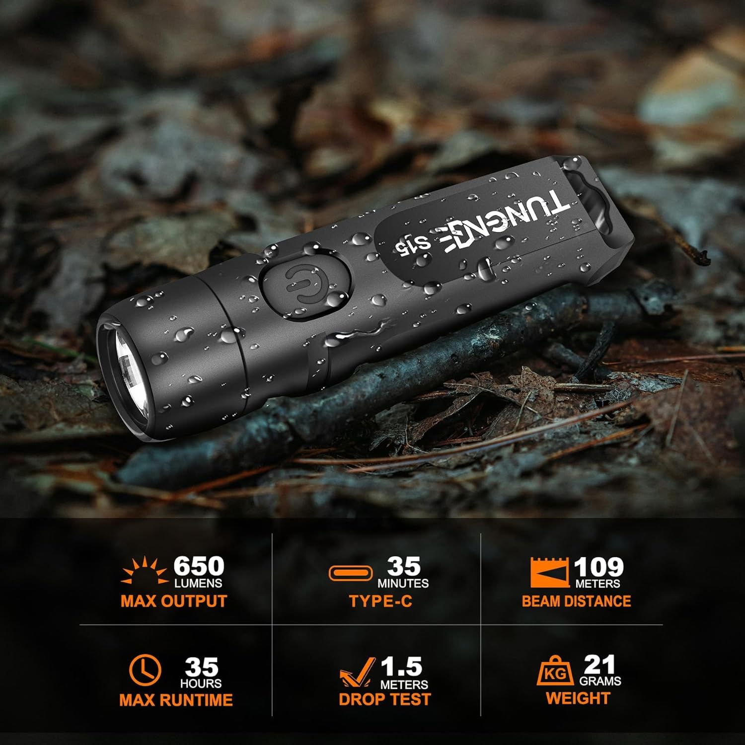 Skiennix Rechargeable Keychain Flashlight - 650 Lumens Mini EDC Light for Camping & Emergencies | Black