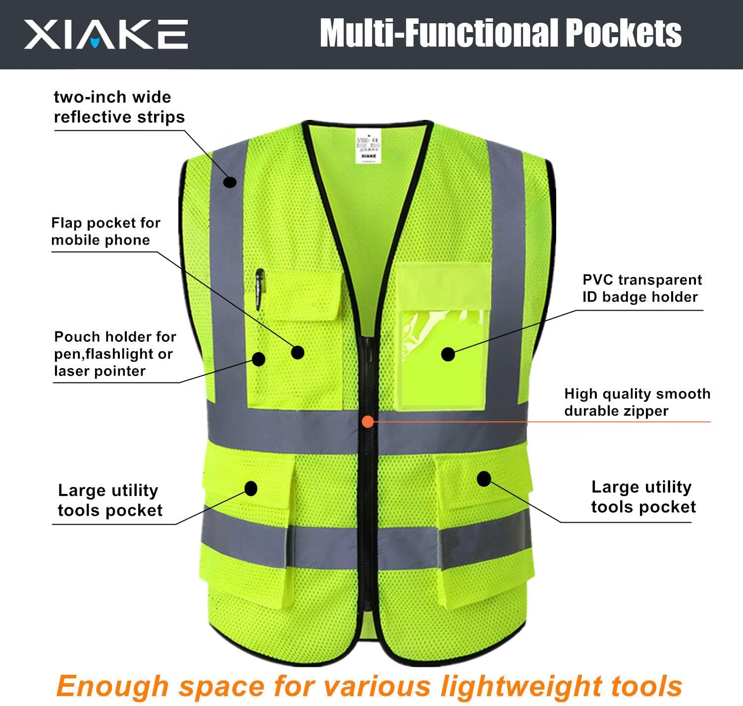 XIAKE High Visibility Reflective Safety Vest - Class 2 ANSI Compliant with Pockets for Men & Women
