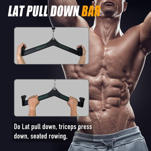 MARSAFIT Home Gym Fitness Rowing T-bar V-bar Pulley Cable Machine Attachment, Bicep Curl Tricep LAT pulldown Bar Back Strength Training Handle Grips LAT Pull Down Bar for Seat Row Workout