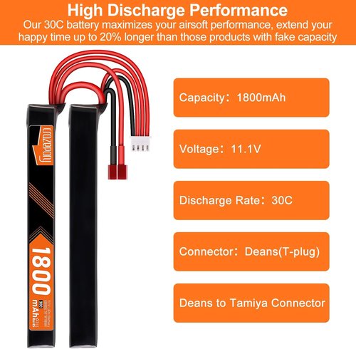 Crazepony 11.1V Airsoft Battery - Rechargeable 3S LiPo 1800mAh Nunchuck Split Pack with T Plug | Mini Tamiya Cable