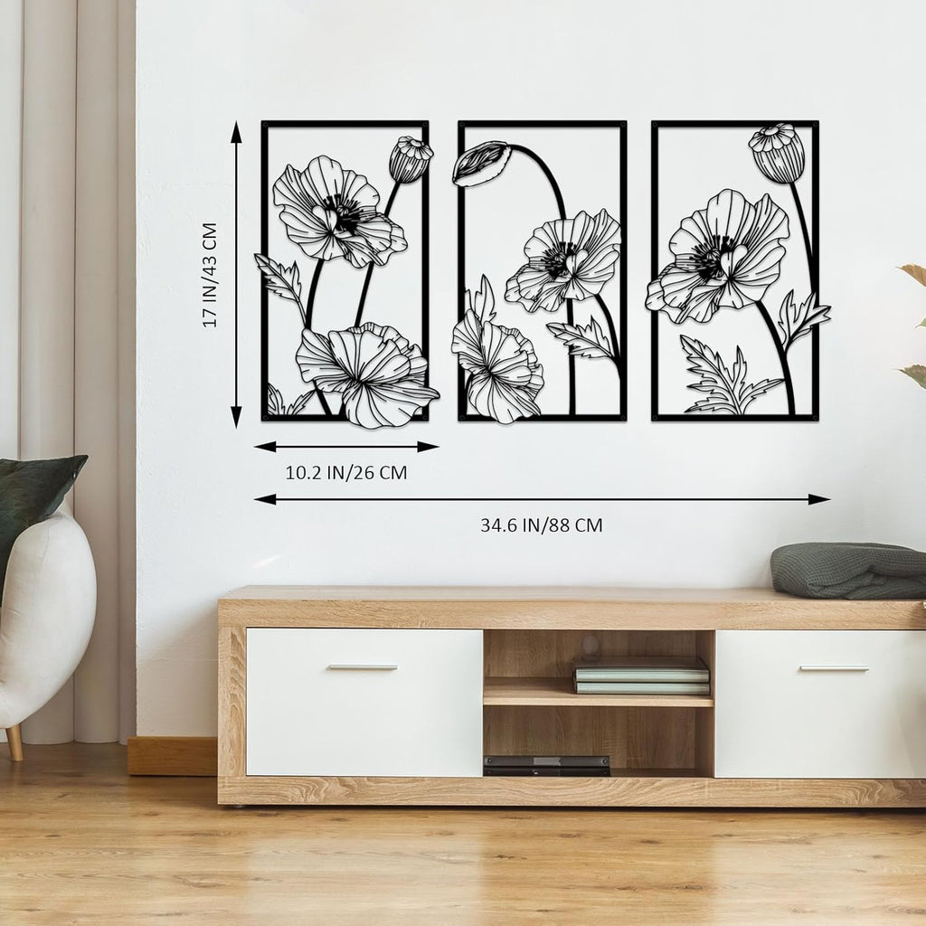 Resama Black Metal Flowers Wall Decor - Minimalist Abstract Floral Art for Bedroom, Bathroom, Kitchen