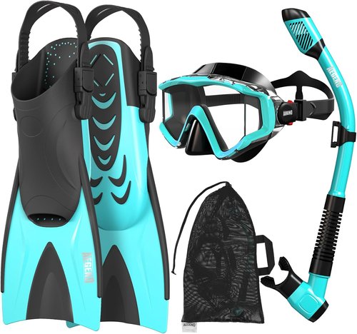 Aegend Snorkeling Gear Set - Anti-Fog Panoramic Mask, Adjustable Fins & Dry Top Snorkel | All-in-One for Swimming & Diving