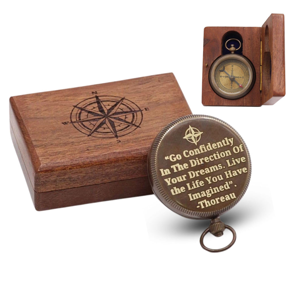 Solid Brass Engraved Compass | Go Confidently in Direction of Dreams Inspirational Thoreau Quote | Graduation & Baptism Gift | Vintage Antique Finish | Includes Wooden Case | Nautical Collectible