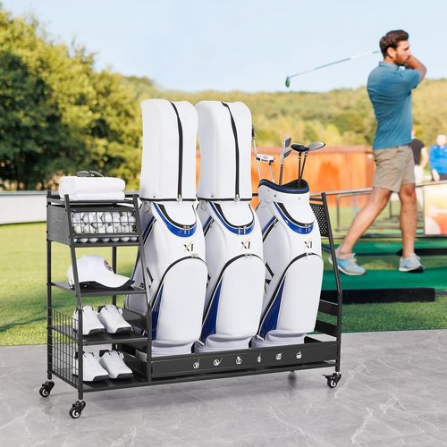 Lauren & Harold Golf Bag Organizer - Space-Saving Rack for 2 Golf Bags & Clubs | Ideal for Garage or Shed
