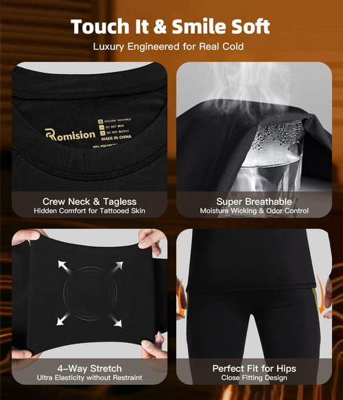 romision Thermal Underwear Long Johns for Men Fleece Lined Base Layer Cold Weather Hunting Gear Bottom and Top Set