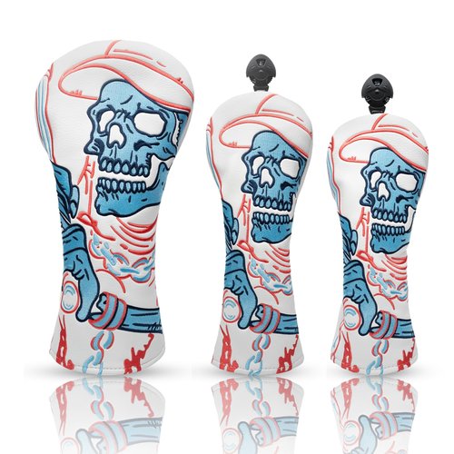 Golf Club Head Covers,3pcs Skull Skeleton Driver Fairway Hybrid Golf Headcovers for Woods, PU Leather with Advanced Embroidery for Most Brands-White