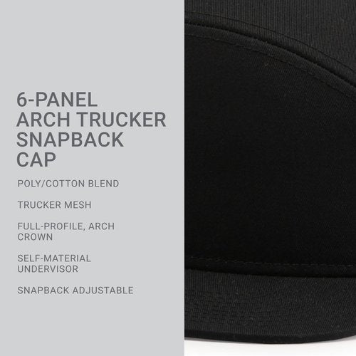 Pacific Headwear 6-Panel Arch Trucker Snapback Cap, Black, OS