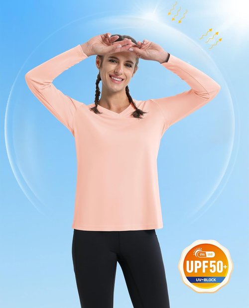 MAGCOMSEN SPF Women’s Long Sleeve Workout Shirt - V-Neck, UPF 50+ UV Protection, Quick Dry Performance Tees