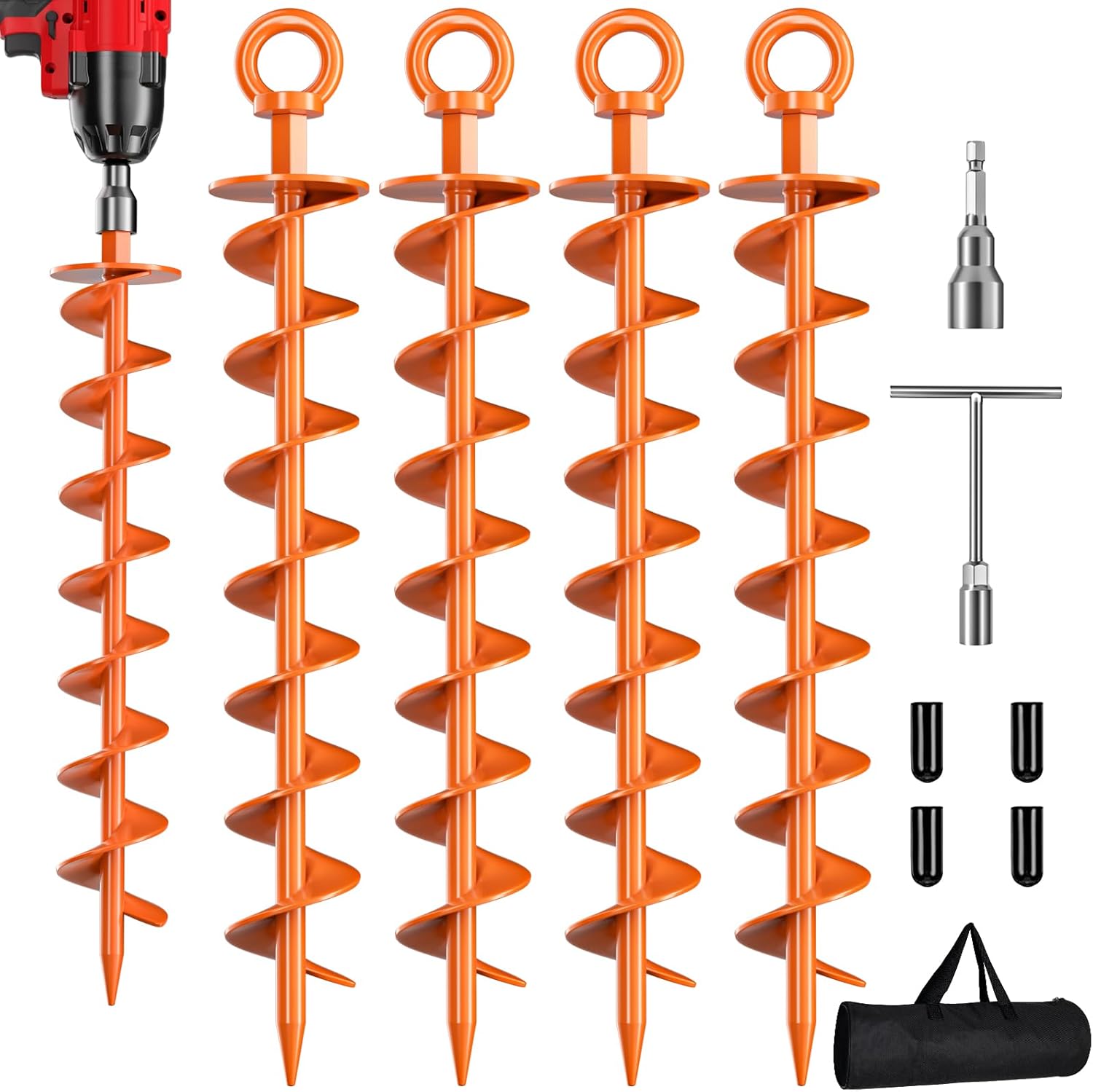Phopich Ground Anchor Screws - Heavy Duty 4 Pack Spiral Anchors for Trampolines & Tents | High Wind Orange