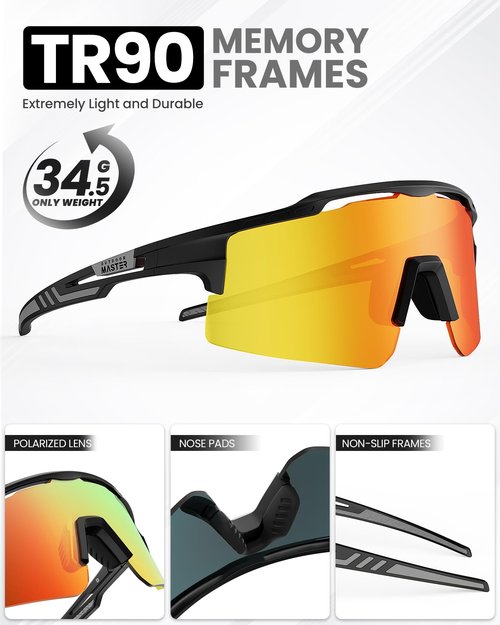 OutdoorMaster Hawk II Polarized Sports Sunglasses for Men Women, TAC UV400 Protection TR90 Frame Cycling Sunglasses, Baseball Running Fishing Golf, REVO Red Cat.3
