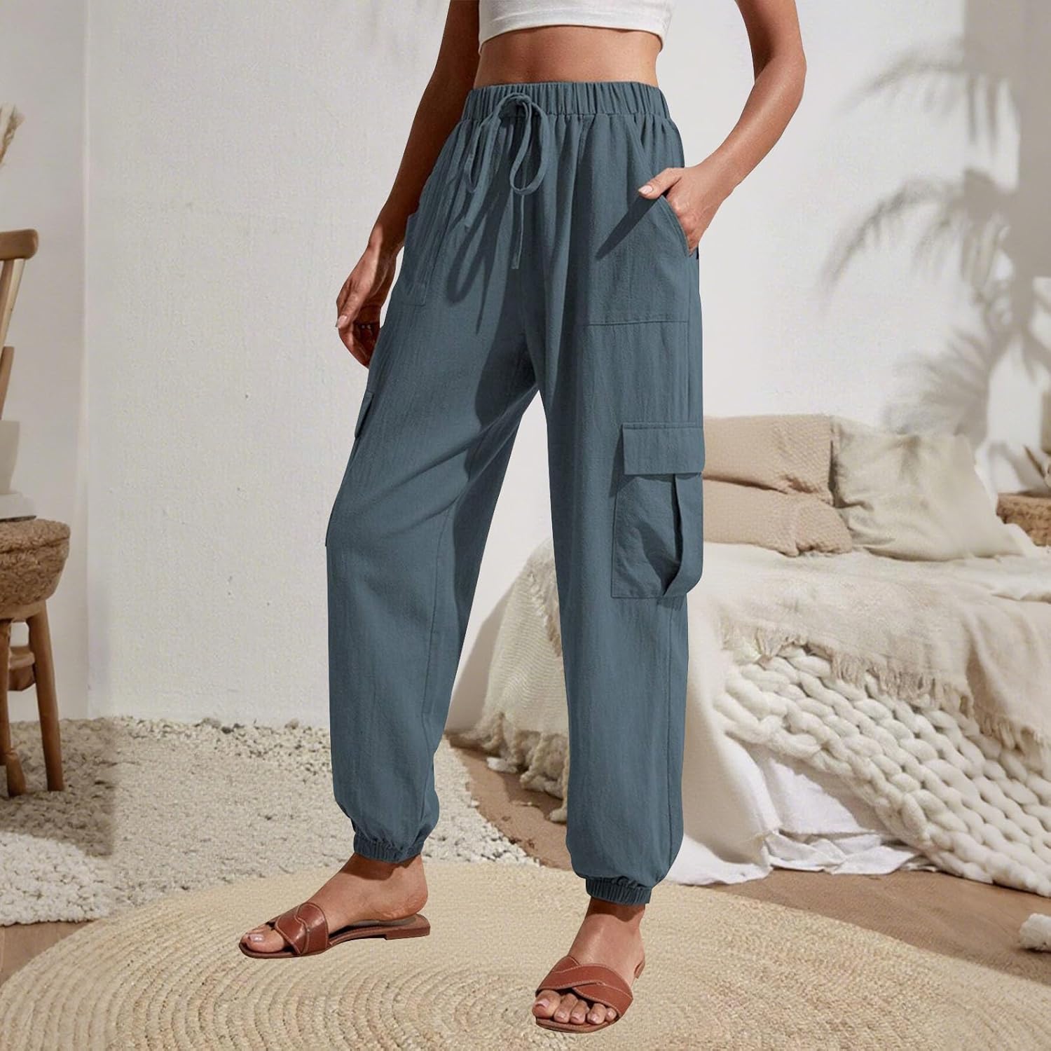Skiennix Drawstring Cargo Pants - High Waisted Baggy Joggers with Pockets | Summer Comfort Fit