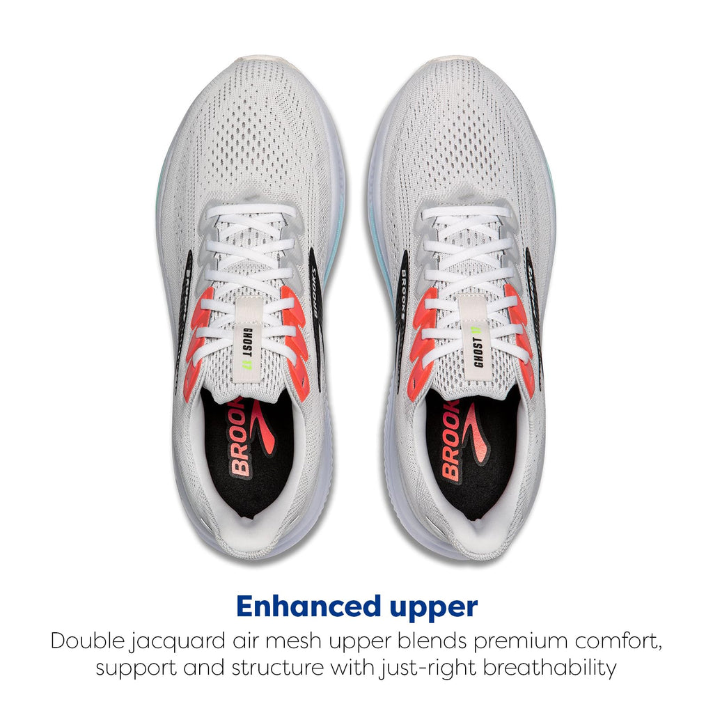 Brooks Men’s Ghost 17 Neutral Running Shoe - White/Pink Clay/Gecko - 10 Wide