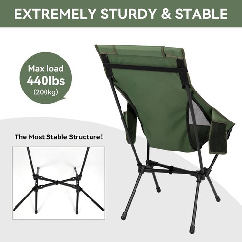 diwaite High Back Camping Chair, Supports 440 lbs, Portable Folding Backpacking Chair with Detachable Pillow for Camping, Hiking & Travel(Green)